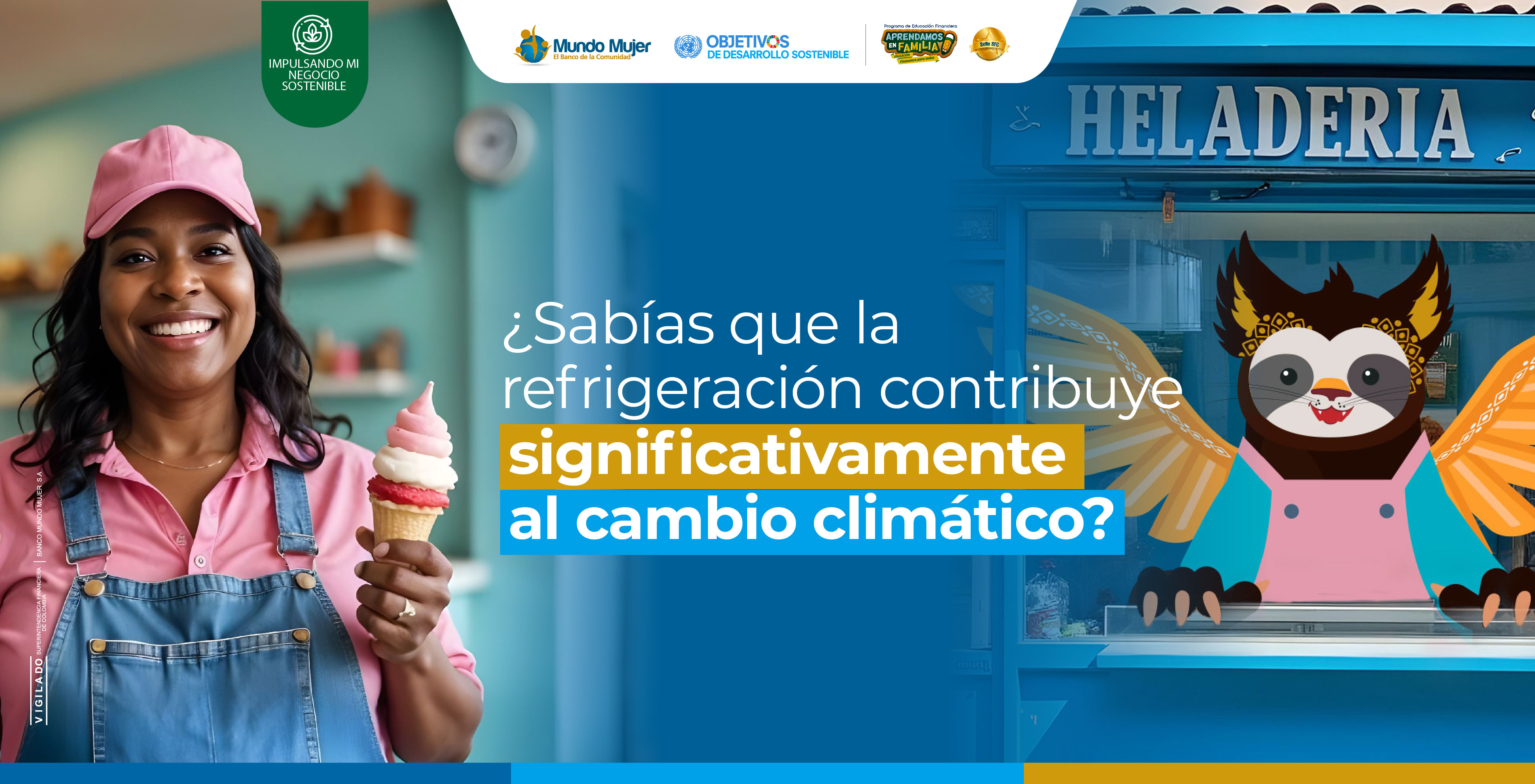 Mujer sostiene helado y personaje GECO en una heladería